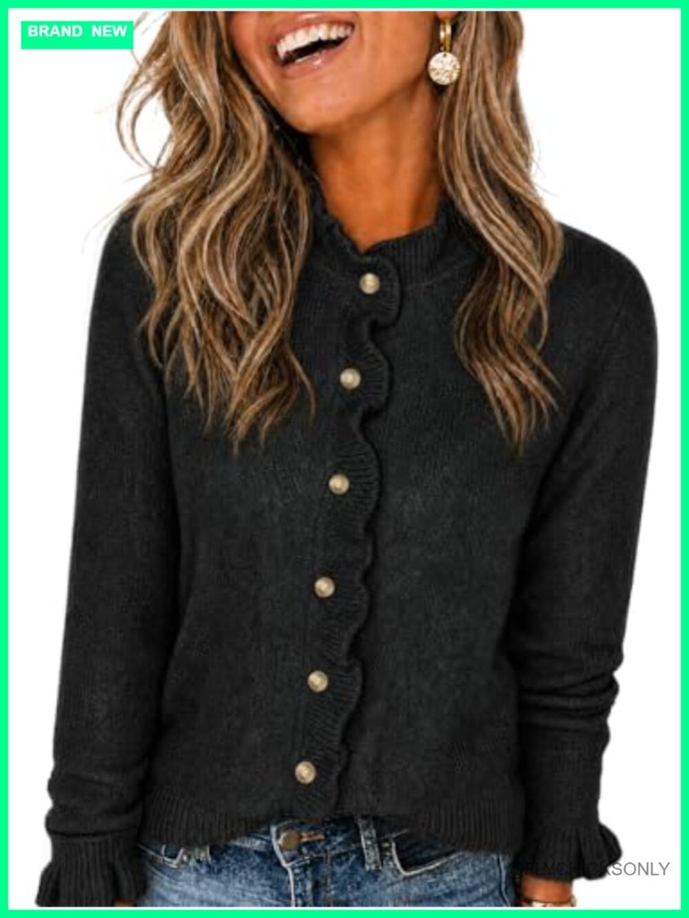 Women's Ruffle Cardigan Sweater Button Down Knit Long Sleeve Mock Neck